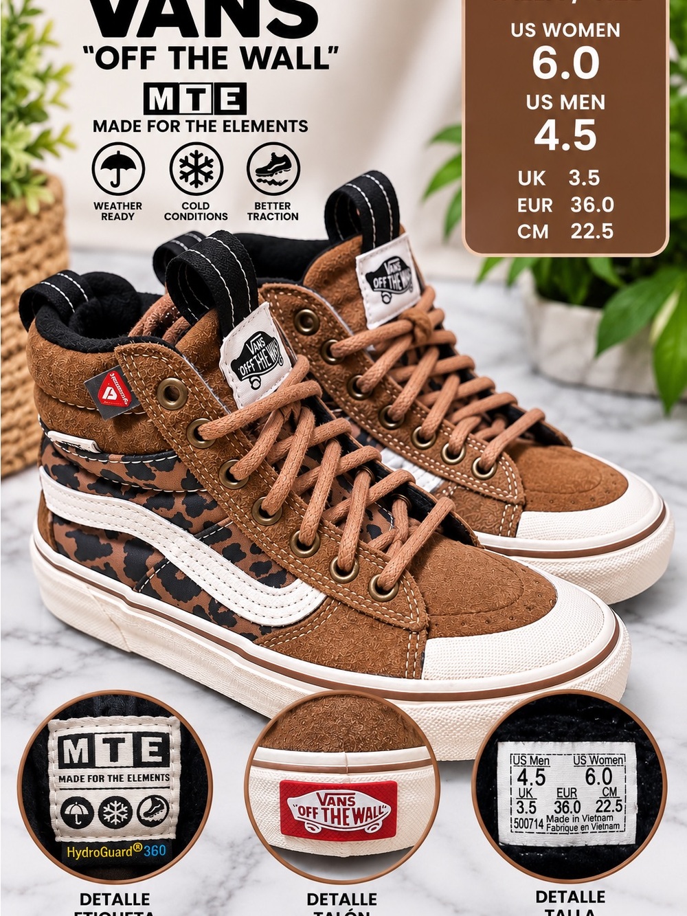 Vans MTE High-Top Sneakers — Brown, White & Leopard Print